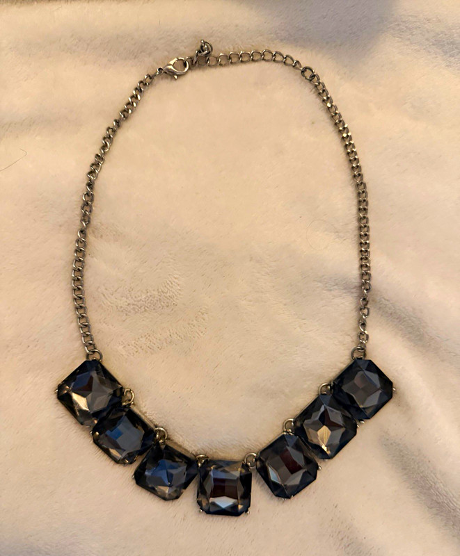 Silver Tone Statement Cable Chain Necklace 5 Blue Crystal Rectangles Adjustable