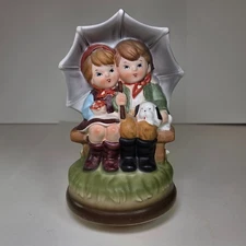 Vintage Japan Raindrops Music Box Figurine Sankyo Style Hummel Kids Dog Works