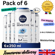 NIVEA Men Sensitive Shower Gel Pack of 6 250ml Alcohol Free Body Wash Bamboo 5.33 per litre