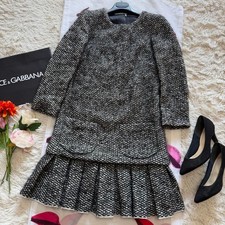 DOLCE&GABBANA Gray Tweed Knee Length Dress Long Sleeve Wool Blend S 36