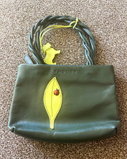 Radley Leather Small Tote Bag Green Zip Top Dog Charm Braided Handles