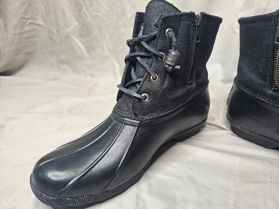Botas Sperry Rain Duck para mujer talla 10 negras plateadas brillantes aisladas forradas de vellón Foto 4 de 4