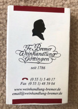 Streichholz Schachtel Fr. Bremer Weinhandlung Göttingen:Weinkultur,Lebensfreude