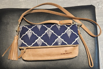 Batik Blendz Blue Argyle & British Tan Leather Foldover 2 Way Crossbody Wristlet