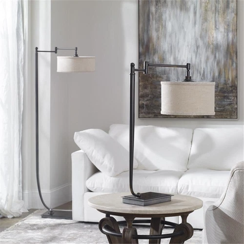 Uttermost Lamine Iron and Fabric Floor Lamp in Dark Bronze and Beige - Picture 3 of 5