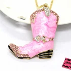 Fashion Women Pink Enamel Women's Boots Crystal Pendant Sweater Chain Necklace