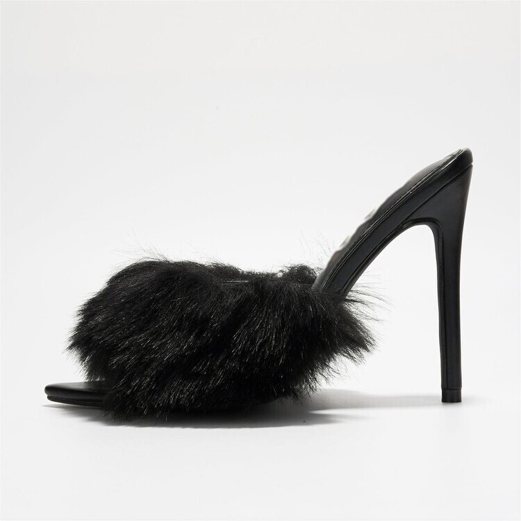 Women Mules Slip On Fashion High Stiletto Heels Fur Slippers Party