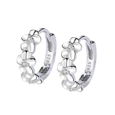 925 SILVER Plated PLUMERIA FLOWER Flora CLEAR CZ HOOP Huggie EARRINGS Gift P1