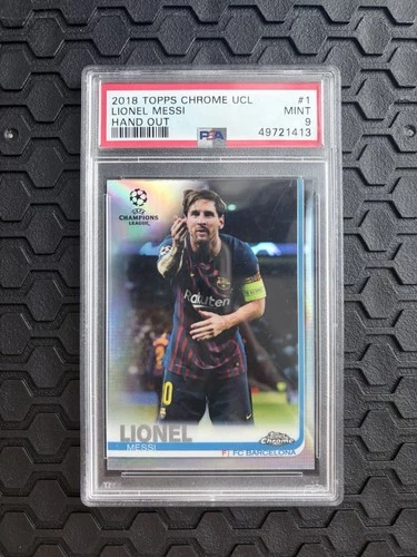 Lionel Messi 2018 Topps Chrome UCL Hand Out Image Variation Refractor SP PSA 9