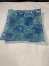 Frosted Glass Plate Turquoise Blue Bubble Glass Dish