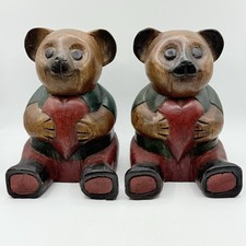 Pair Of Wood Carved Teddy Bears Holding Heart Bookends Shelf Sitter Vtg Kid Room