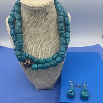 Barse Turquoise Color Bead Necklace & Earrings Set 16  Chunky Boho Statement