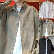 Men Casual Long Sleeve Stripe Shirt Coat Turn Down Collar Loose Fit Daily Wear