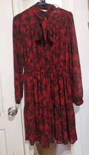 NWT Michael Kors Red Currant Floral Lace Print Pussy Bow Shirt Dress S Small