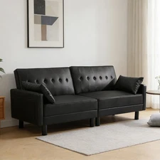  Futon Sleeper Sofa Couch Convertible Sofa Bed for Living Room PU Leather Black