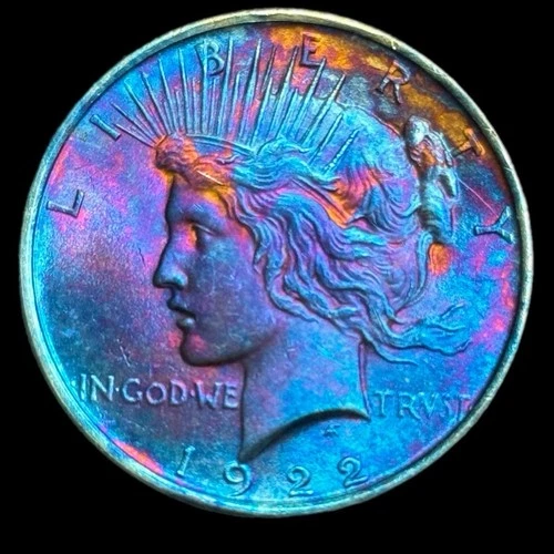 Peace Silver Dollar 1922 90% Silver Monster Rainbow Toning $1 Coin AU