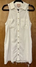Show Me Your Mumu White Linen Dress Seashell Buttons Front Pockets Raw Hem SZ:S
