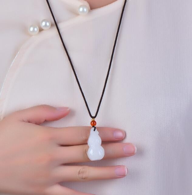Natural White Jade Carved Gourd Pendant Handmade Necklace Jewelry