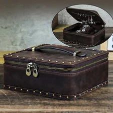 Retro Genuine Leather Watch Box Travel Zip Jewelry Portable Storage Display Case