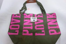 Victoria Secret Pink Olive Green Canvas Tote Bag NWT New
