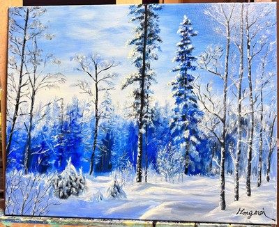 Winter Forest Nature Sky Snow Clouds Trees Grass Canvas Painting! by my mom :)