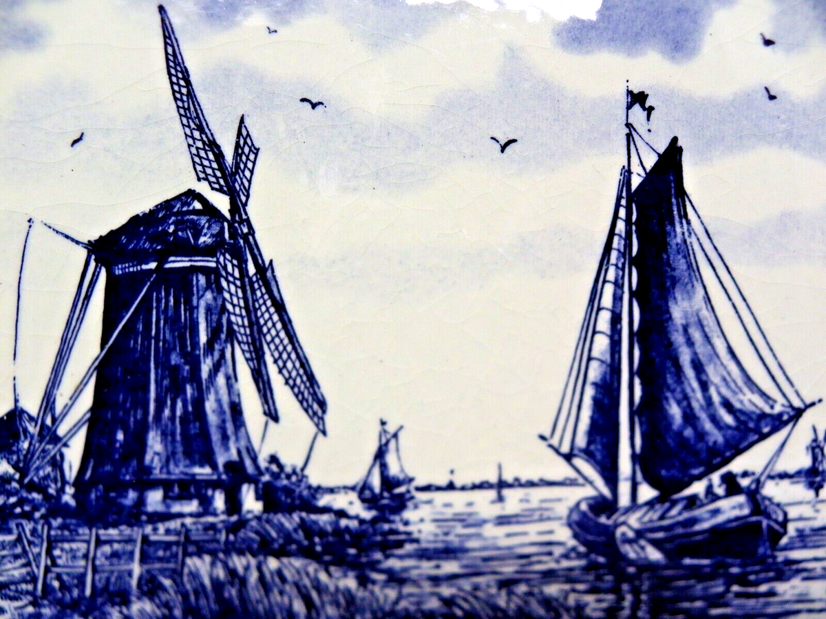 デルフトタイル Delft Blue Handpainted Tile Windmill & Boat Vintage Made in