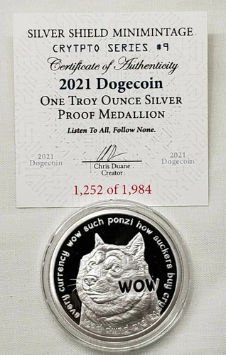 1oz Silver Shield 2021 Dogecoin Proof Silver Round Coin #9 Crytpto Series