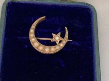 Antique Crescent Moon & Star Brooch, 9ct Gold & Pearls