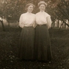 Mother and Daughter in apple orchard pose 2 1910 era RPPC TT1