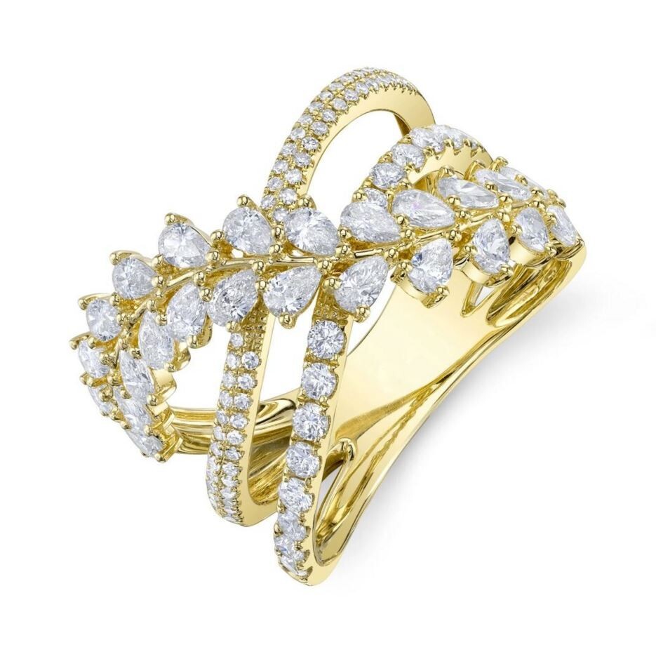 14K Gold Diamond Crossover Bridge X Ring Pear Cut Crisscross Natural 1.50 CT