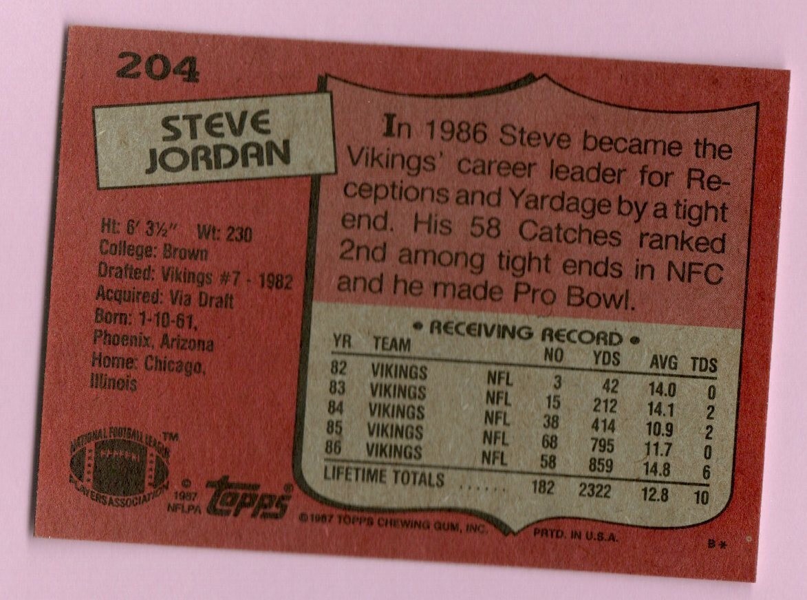 1987 Topps Football #204 Steve Jordan Minnesota Vikings Tight End