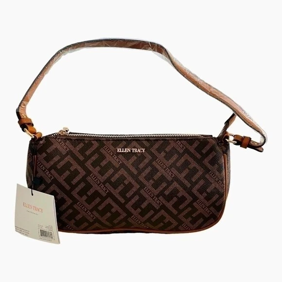 ELLEN TRACY коричневый подпись печать багет наплечная сумка с Ярлыками веганская кожа - Изображение 2 из 4