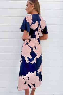ax paris blue floral dress Blue Floral Pleated Sleeve Split Leg Midi Dress – AX Paris