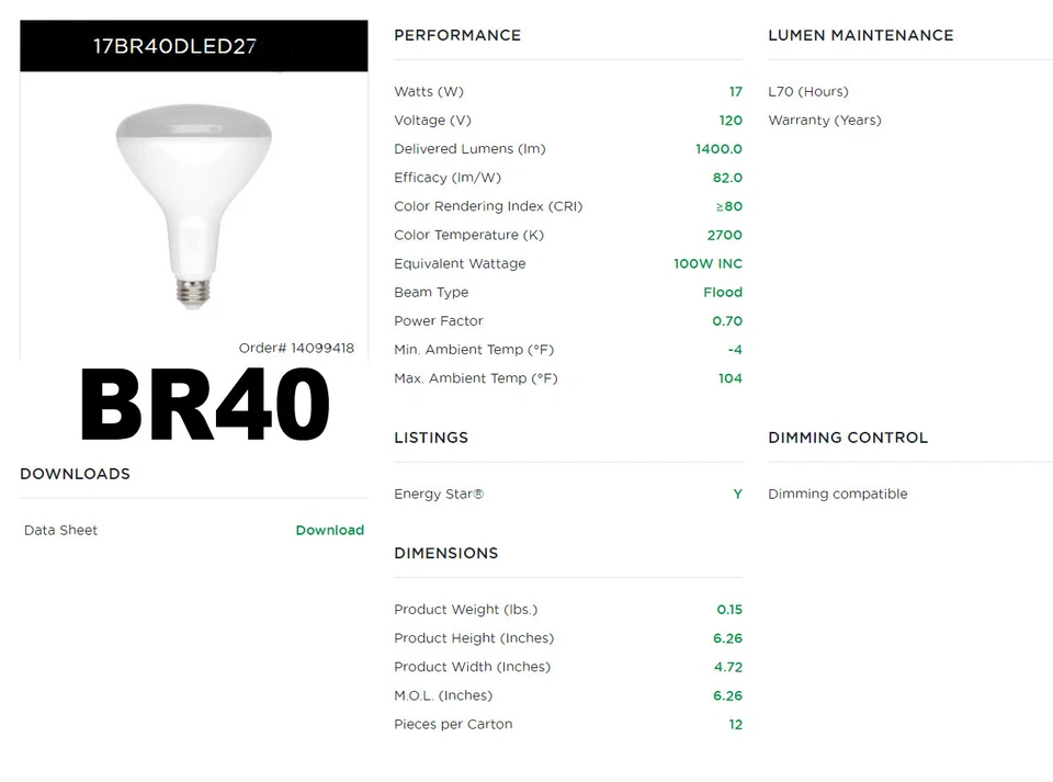 BR40 FLOOD LED Light Bulbs 17W 100W Replacement 1400L Soft White 2700k Dimmable  - Image 2 of 2