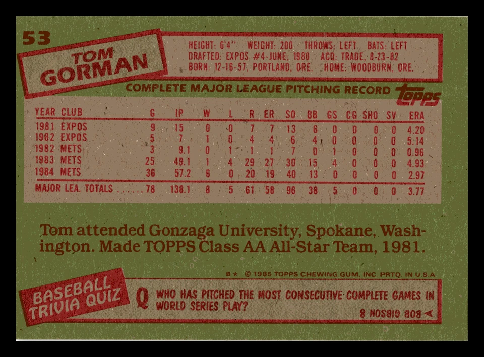 1985 Topps Tom Gorman  New York Mets #53 NM-MINT - Image 2 of 2