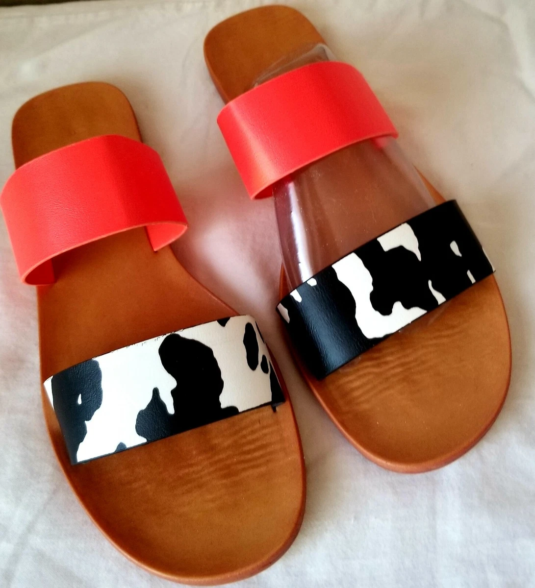 BAMBOO Moondance 77 Women s Neon Orange Cow Print Straps Flats