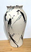 Vtg 13" Harris Potteries Made in USA Art Pottery Vase Cream w Blue