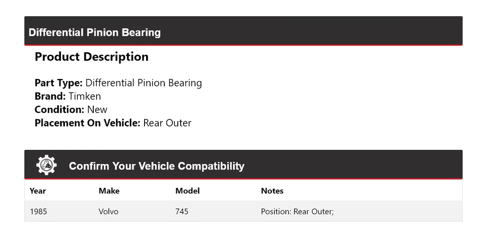 For 1985 Volvo 745 Differential Pinion Bearing Rear Outer Timken - Image 2 of 4