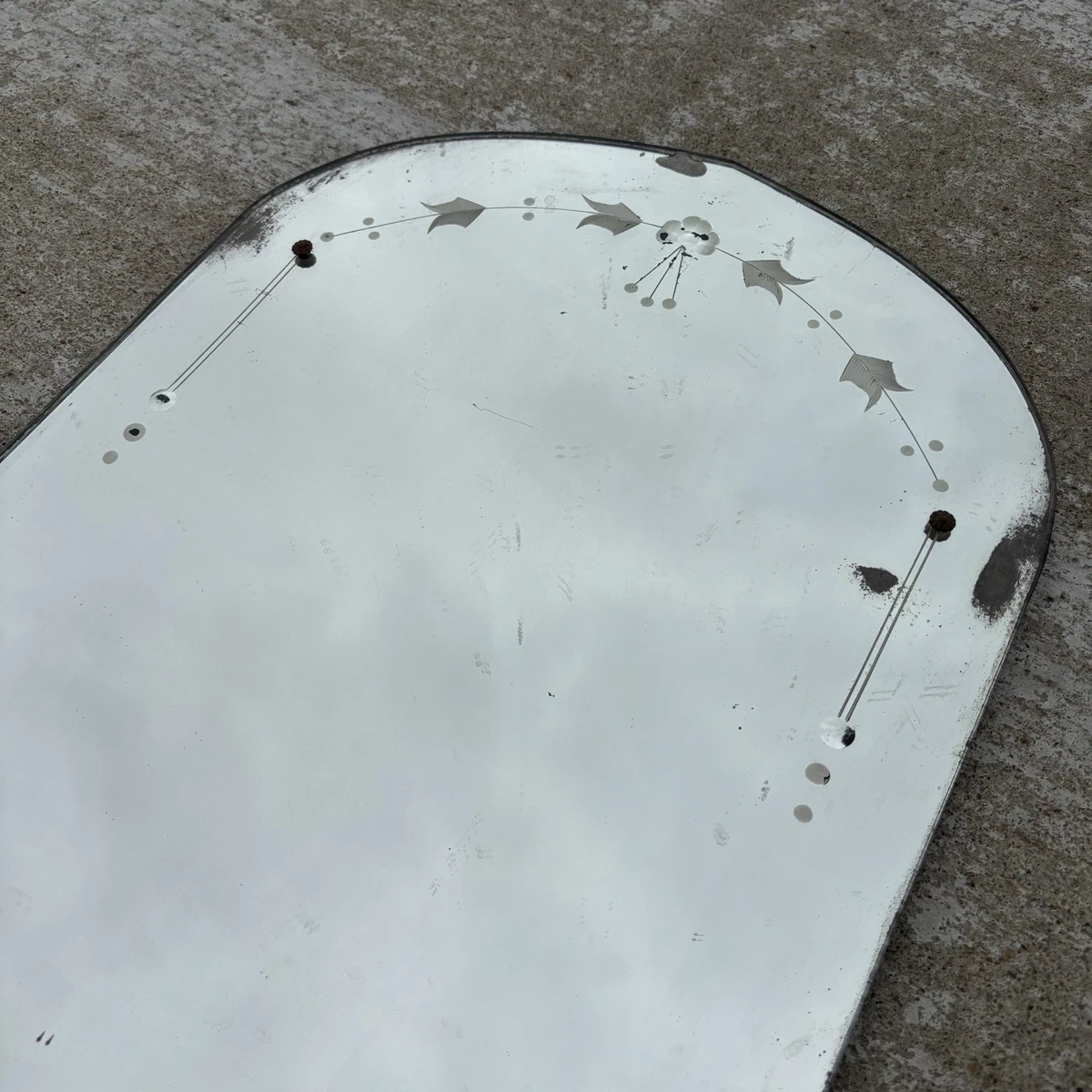 Antique 1930’s Arched Frameless Art Deco Tall Etched Vanity Mirror Vintage