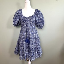 Zara Floral Mini Dress Womens Large Blue Cottagecore Milkmaid Puff Sleeve