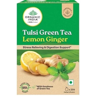 Organic India Tulsi Green Tea Lemon Ginger 25 Tea Bags Herbal Tea Free Shipping