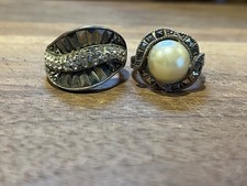 Vintage Sterling 925 Marcasite Cubic Zirconia Faux Pearl Set Of two Rings