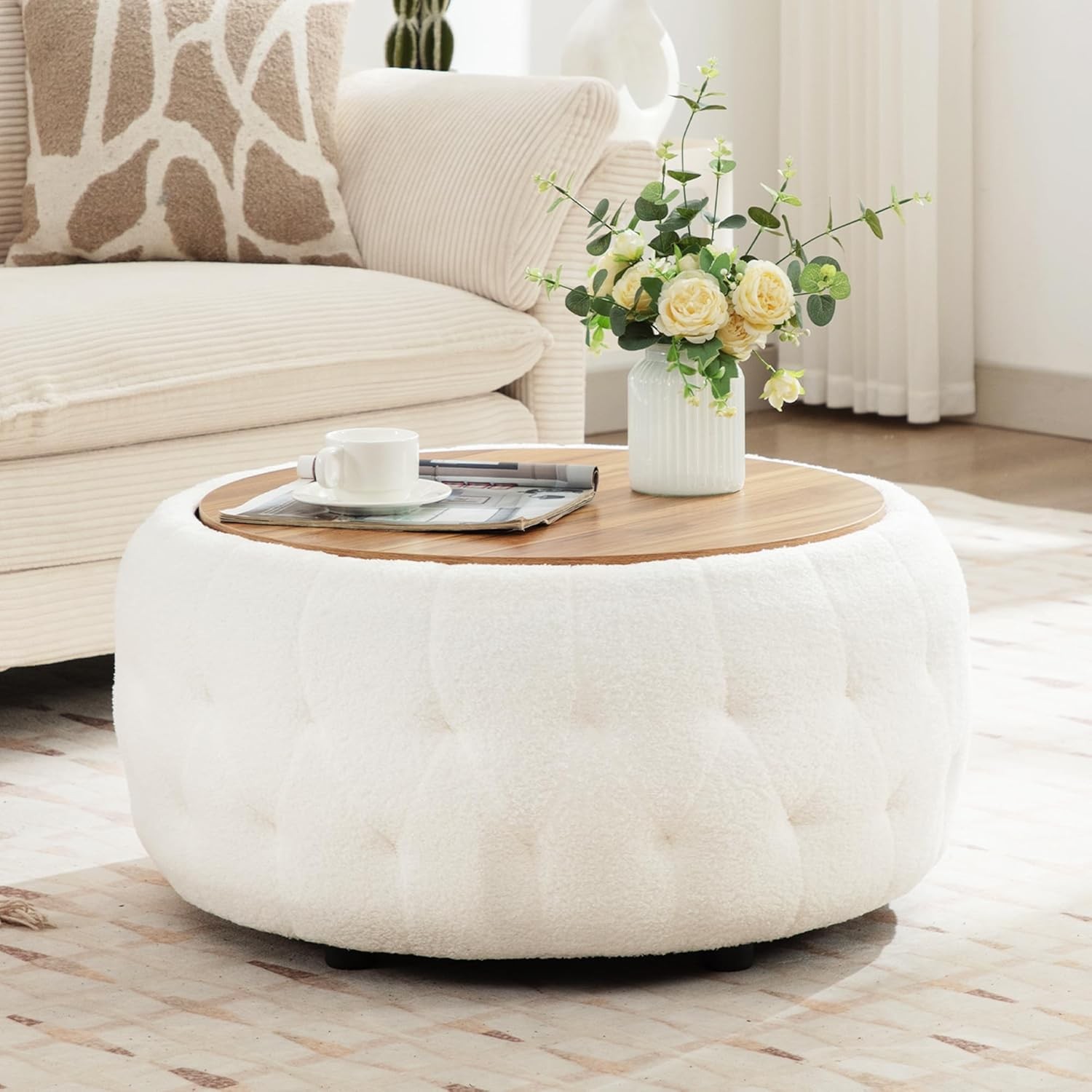 Large Round Storage Ottoman Coffee Table with Wooden Tabletop, 30.5 Inches Tedd