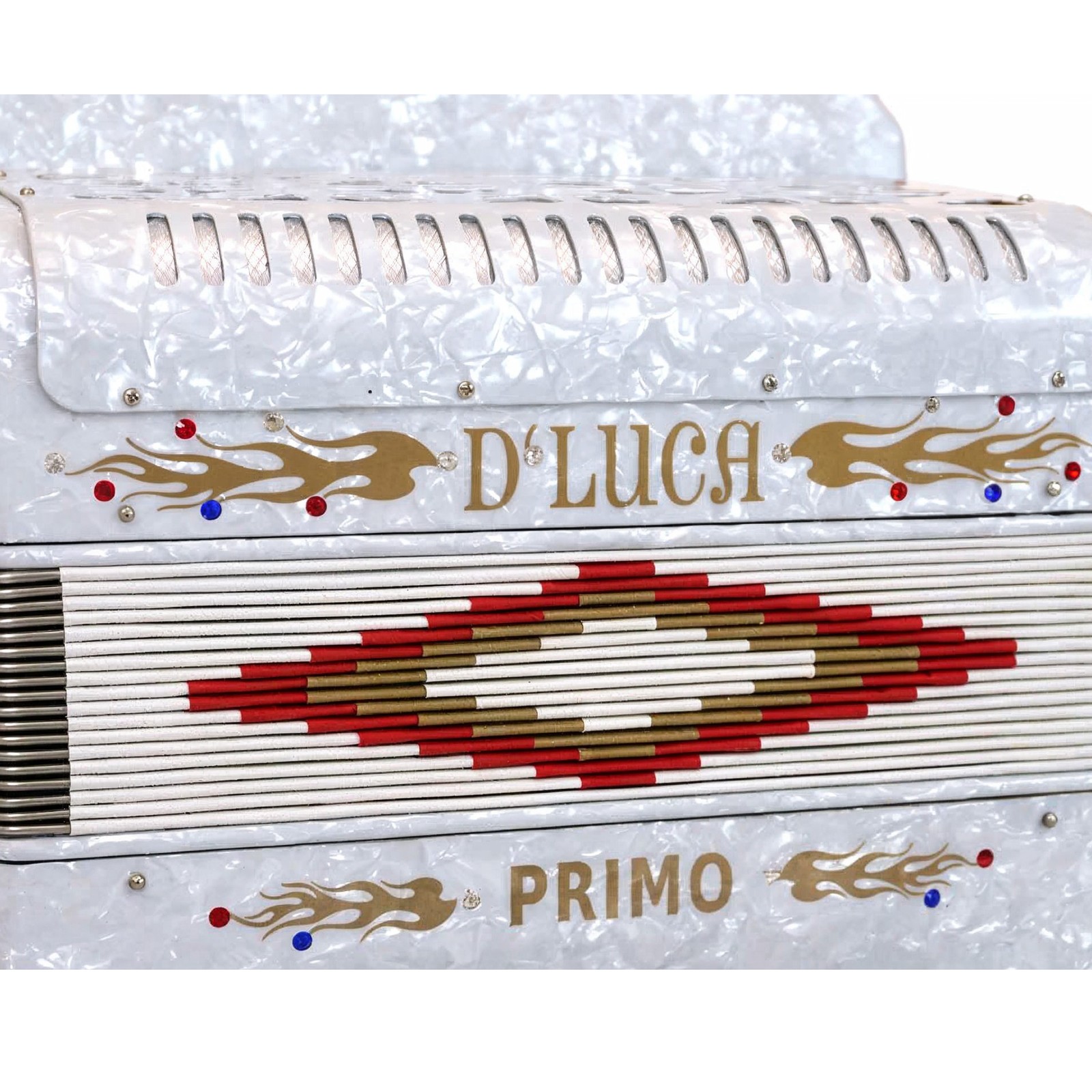 D'Luca Primo Button Accordion 31 Keys 12 Bass on GCF Key, Case and Straps, White