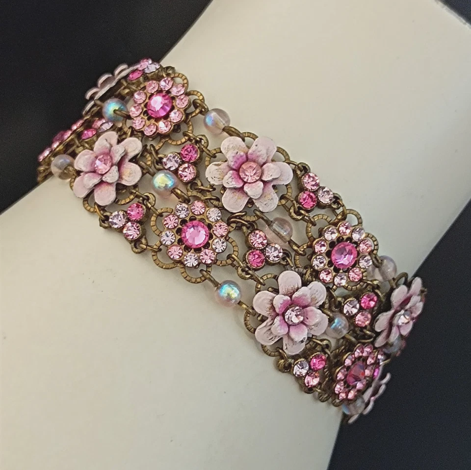 Pulsera Michal Negrin Rosa Romántica Vintage Floral Encaje Look Hada Ancha Brillante Foto 3 de 4