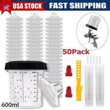 50 Pack Pps Cups Disposable Paint Spray Gun Cup Liners And Lid System 125 Mic