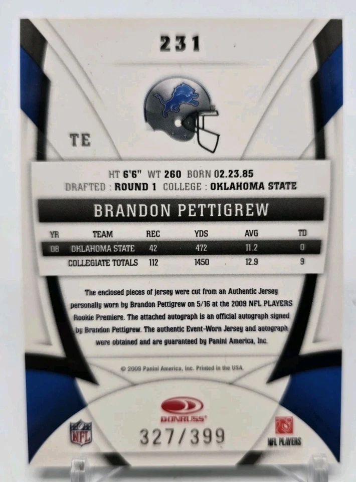 2009 Certified BRANDON PETTIGREW Freshman Fabric RC Dual Jersey Auto /399 Lions - Image 4 of 4