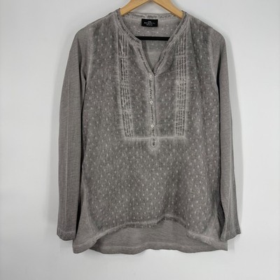 Gina Benotti Grey Swiss Dot Pintuck Henley Top Size M Long Sleeve Cotton Boho