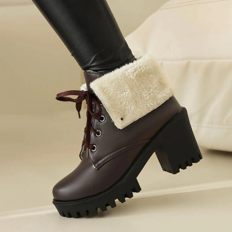 Winter Warm Fur Lining Ankle Boots Womens Chunky Block Heels Lace