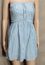 MOSSIMO  - MINI DRESS - Womens Sz Medium Blue Striped, Strapless, Ruffle Front